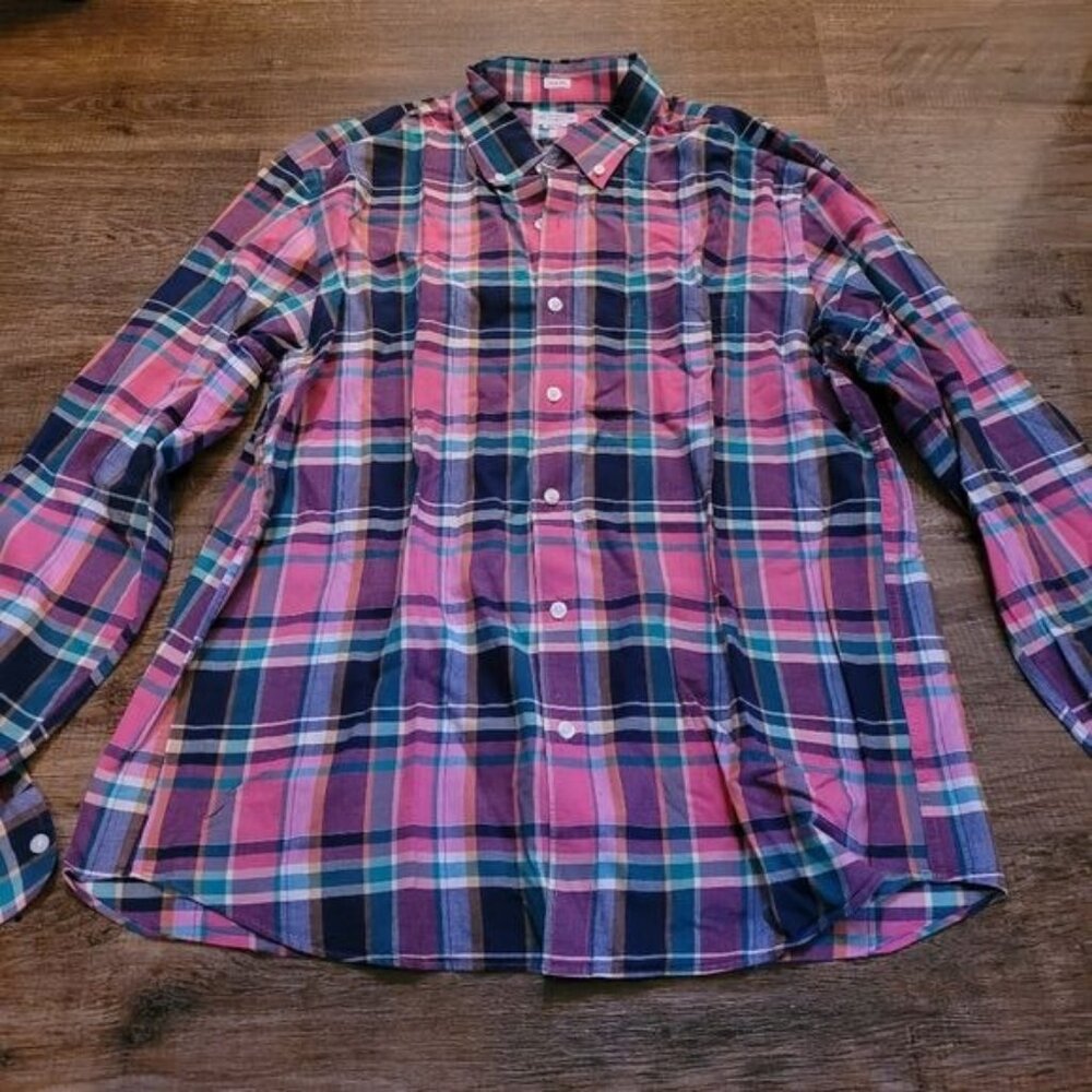 Mens J Crew Shirt Madras Plaid Summer Plaid Shirt Pink Slim Fit XL short sleeve